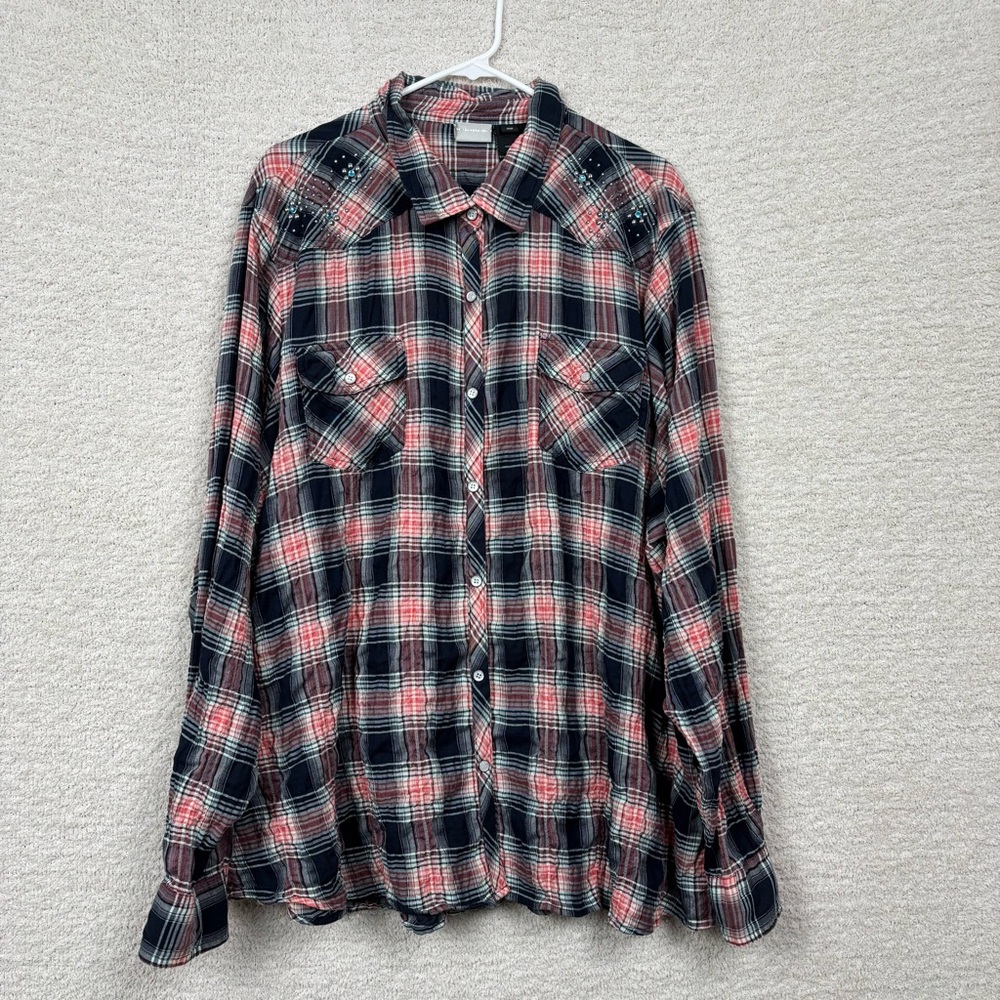 Harley Davidson Shirt‎ 3W 26-28 Red Plaid Rhinestones Pearl Snap Long Sleeve